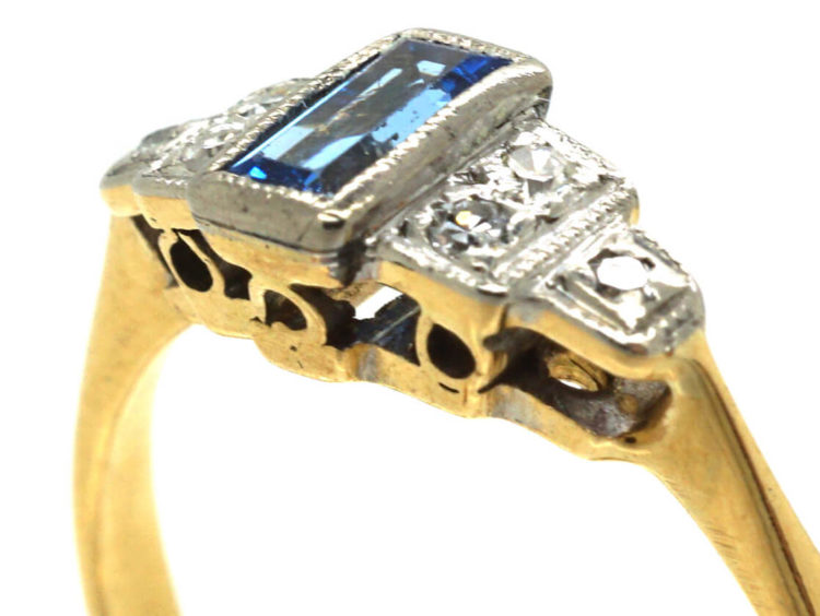 Art Deco 18ct Gold & Platinum, Sapphire & Diamond Step Cut Ring