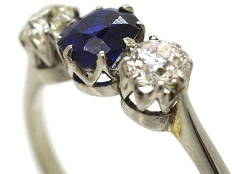 Art Deco 18ct White Gold and Platinum, Sapphire & Diamond Three Stone Ring
