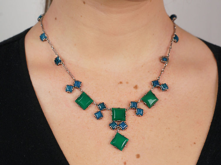 Art Deco Silver & Blue & Green Chalcedony Necklace