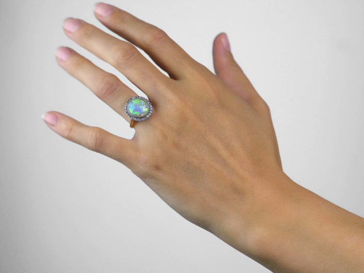 Edwardian Large 18ct Gold, Opal & Diamond Cluster Ring