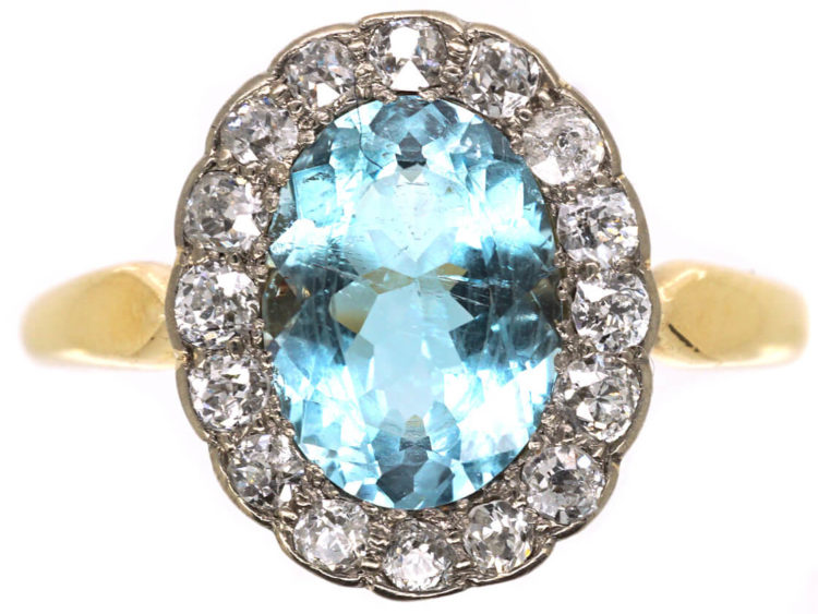 Edwardian 18ct Gold, Aquamarine & Diamond Cluster Ring