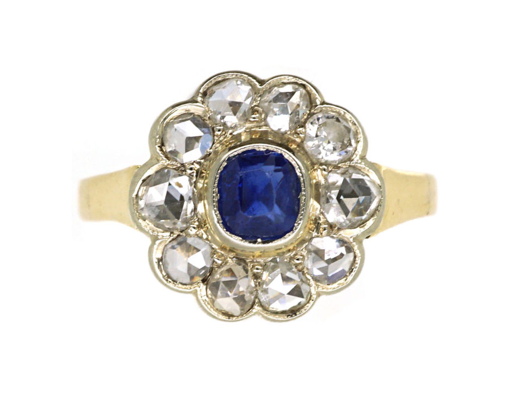 Edwardian 14ct Gold, Sapphire & Rose Diamond Cluster Ring