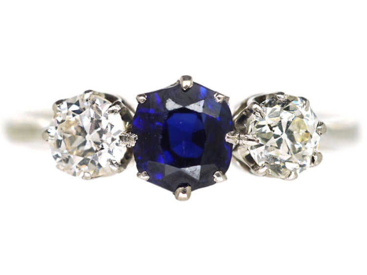 Art Deco 18ct White Gold and Platinum, Sapphire & Diamond Three Stone Ring