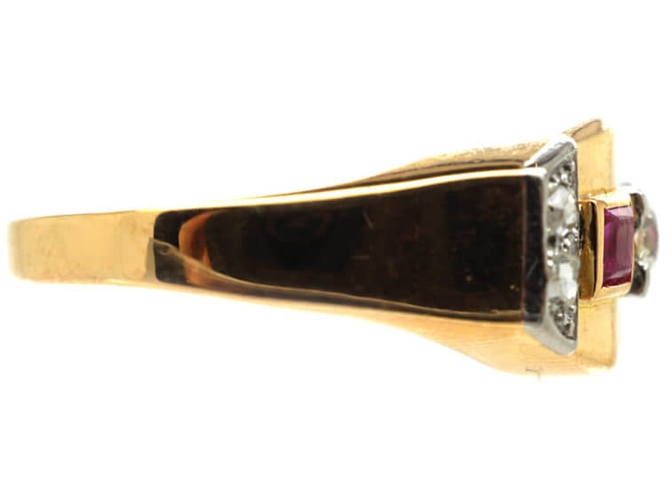 Art Deco 18ct Gold, Ruby & Diamond Geometric Ring