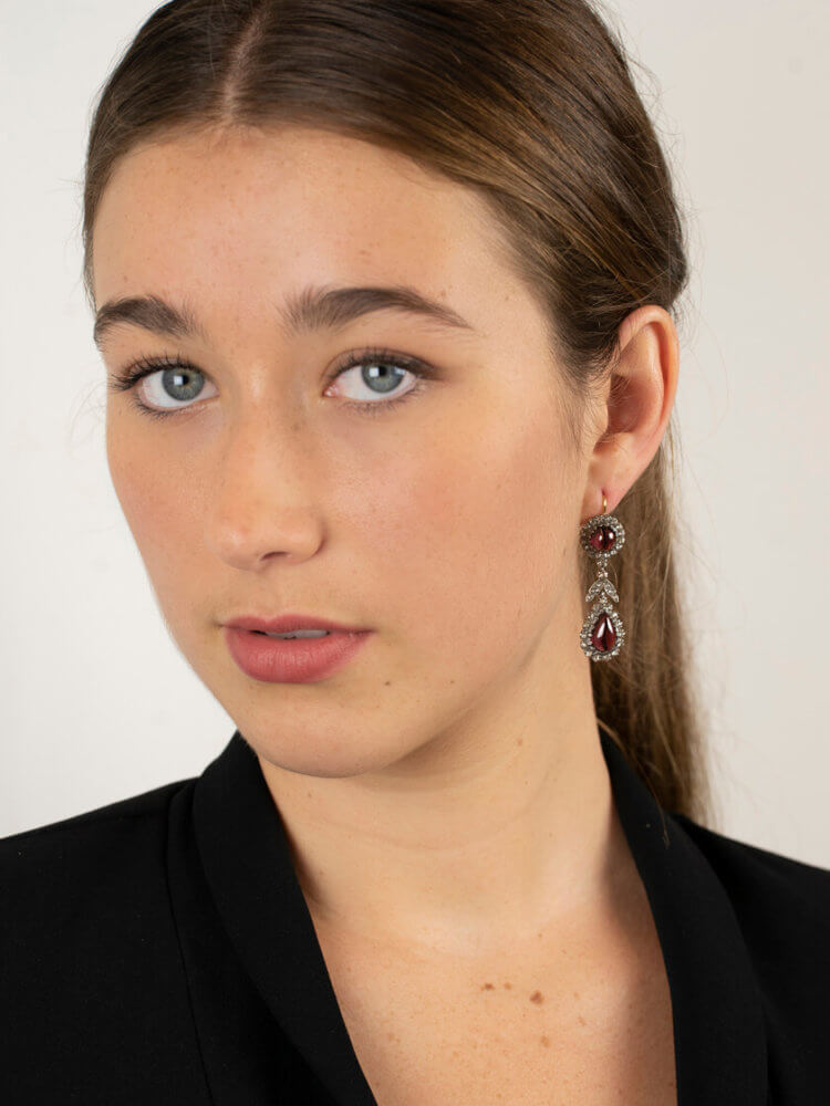 Cabochon Garnet & Rose Diamond Drop Earrings