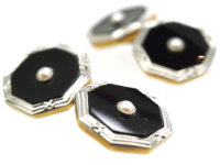 Art Deco Platinum & 18ct Gold Cufflinks Set With Onyx & Natural Split Pearls
