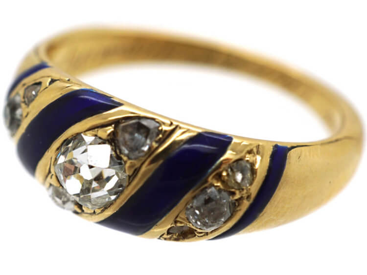 Early Victorian Royal Blue Enamel & Diamond 18ct Gold Ring