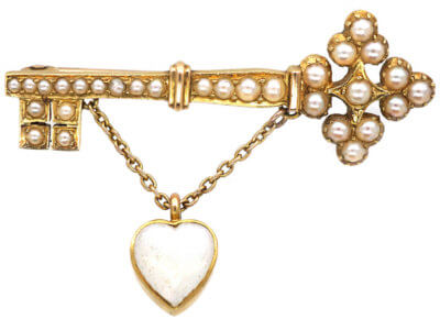 Edwardian Key to the Door 15ct Gold Brooch set with Natural Split Pearls with a Moonstone Heart Shaped Drop Edwardian Key to the Door 15ct Gold Brooch set with Natural Split Pearls with a Moonstone Heart Shaped Drop