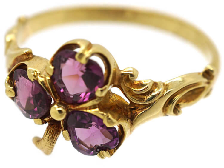 Edwardian 18ct Gold & Almandine Garnet Irish Clover Ring