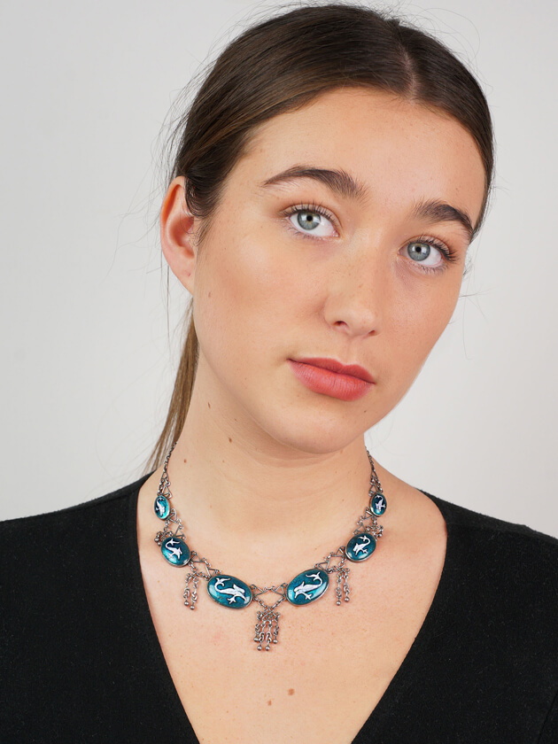 Arts & Crafts Silver & Enamel Necklace with Stylised Fish Design