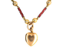 Edwardian 15ct Gold, Green & Red Enamel Heart Locket set with a Diamond on matching 15ct Gold Green & Red Enamel Chain