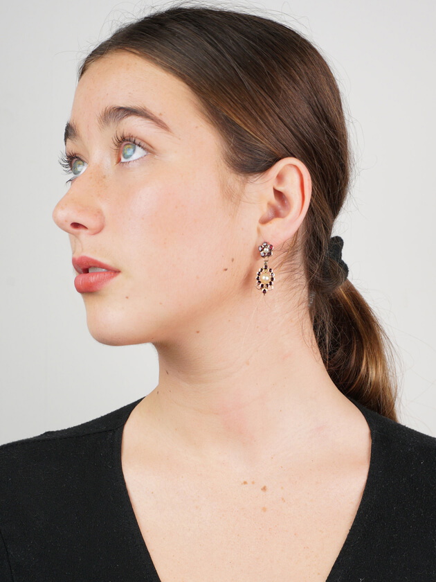 Georgian Flat Cut Almandine Garnet & Natural Pearl Drop Earrings