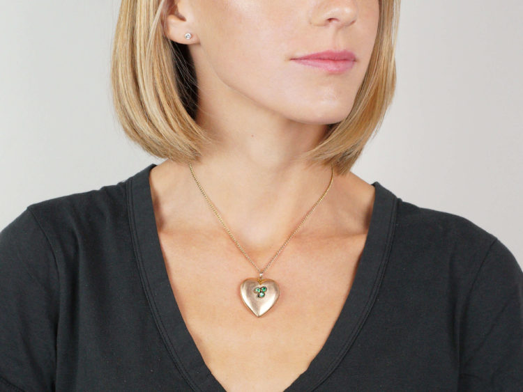 Large Edwardian 10ct Gold Heart Shaped Locket set with Three Emeralds