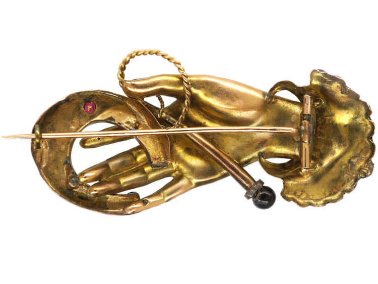 Victorian 14ct Gold & Enamel Hand Brooch Holding Horseshoe
