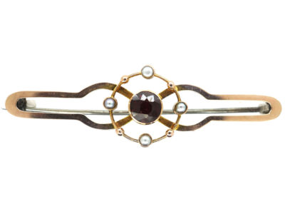Edwardian 9ct Gold, Garnet & Natural Split Pearl Brooch