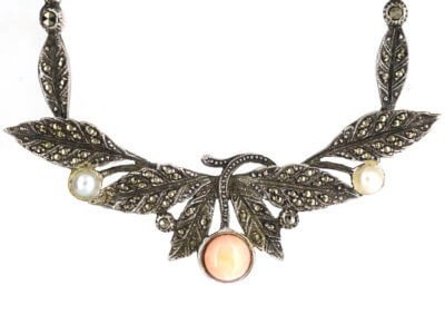 Art Deco Silver, Marcasite, Coral & Pearl Necklace