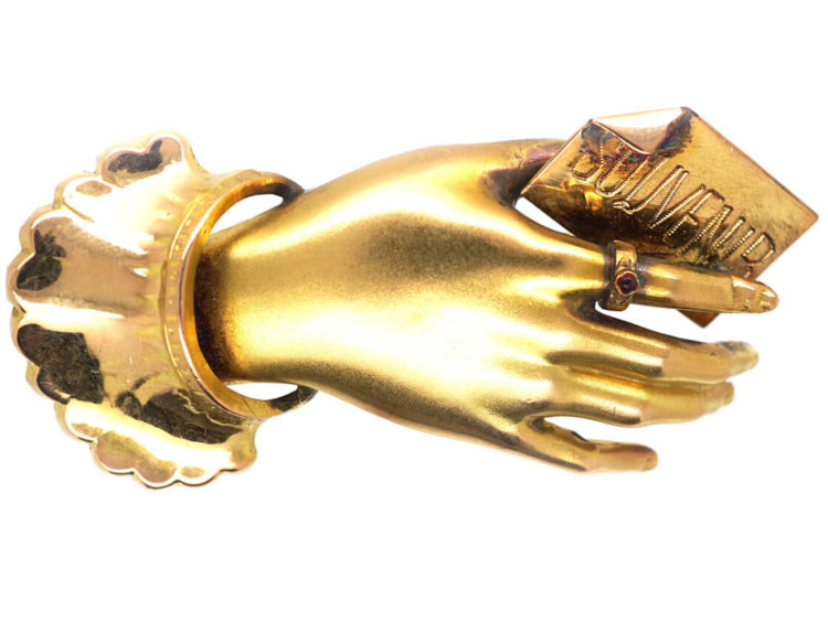 Victorian 15ct Gold Hand Brooch Holding a Souvenir