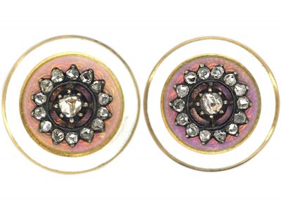 Edwardian 18ct Gold, Enamel & Rose Diamond Round Earrings