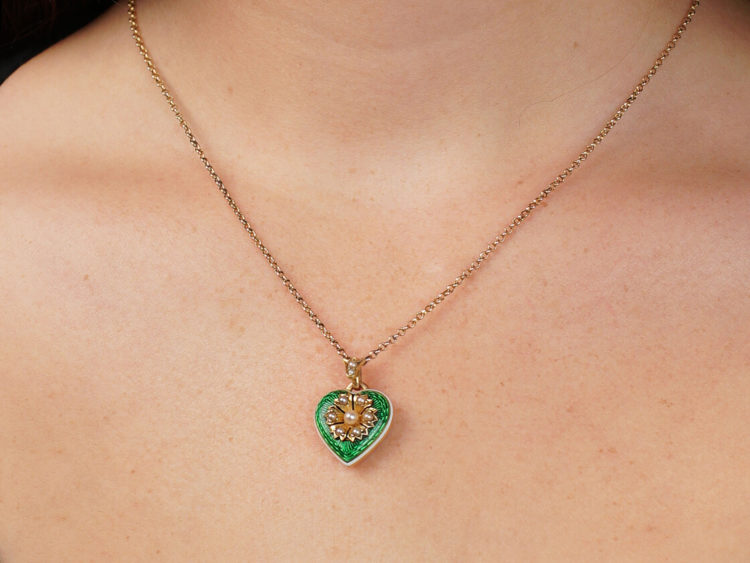 Edwardian 15ct Gold, Enamel & Natural Split Pearl Heart Pendant with Locket Back