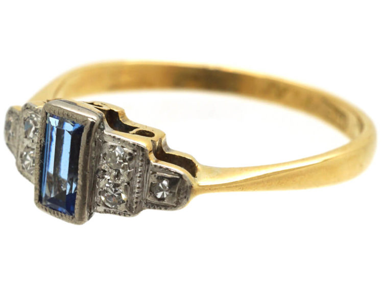 Art Deco 18ct Gold & Platinum, Sapphire & Diamond Step Cut Ring