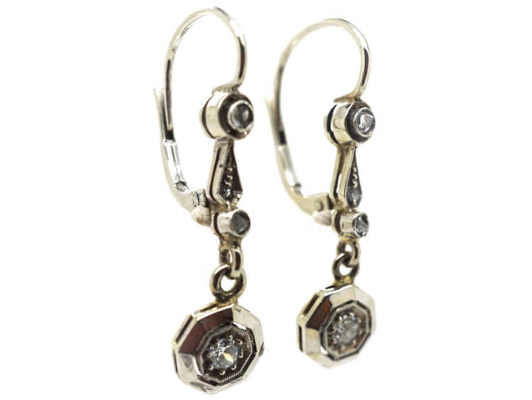 Art Deco 14ct White Gold & Diamond Drop Earrings