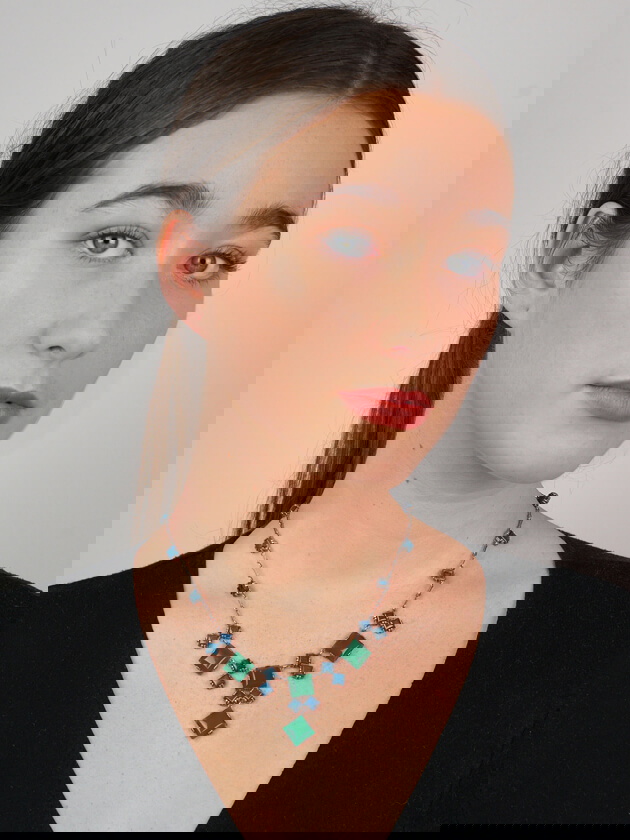 Art Deco Silver & Blue & Green Chalcedony Necklace