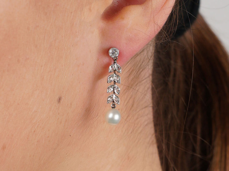 Edwardian 15ct Gold & Platinum, Diamond & Pearl Drop Earrings