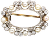 Edwardian 15ct Gold & Platinum, Natural Pearl & Diamond Oval Brooch
