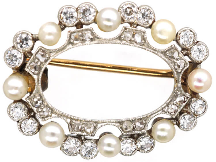 Edwardian 15ct Gold & Platinum, Natural Pearl & Diamond Oval Brooch
