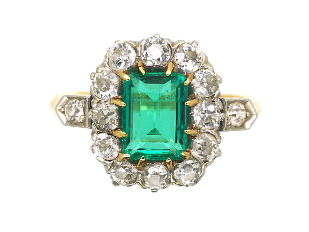 Edwardian 18ct Gold Emerald & Diamond Rectangular Cluster Ring with Diamond Set Shoulders