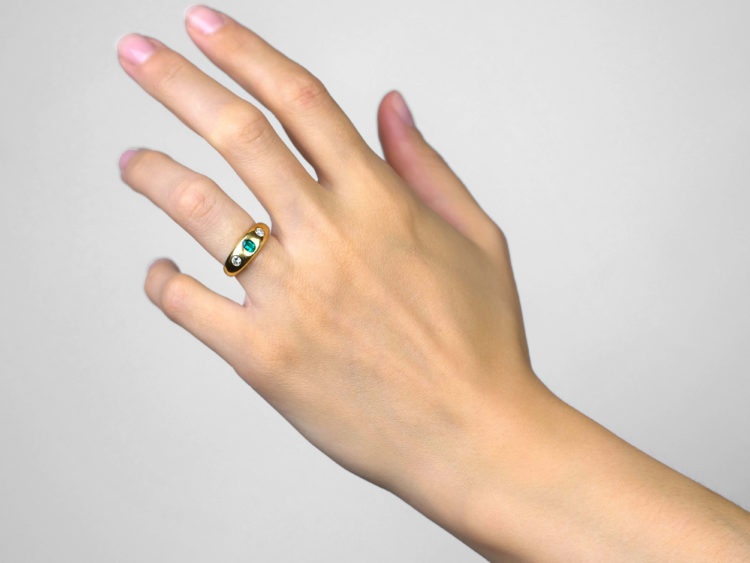 18ct Gold Emerald & Diamond Rub Over Set Ring