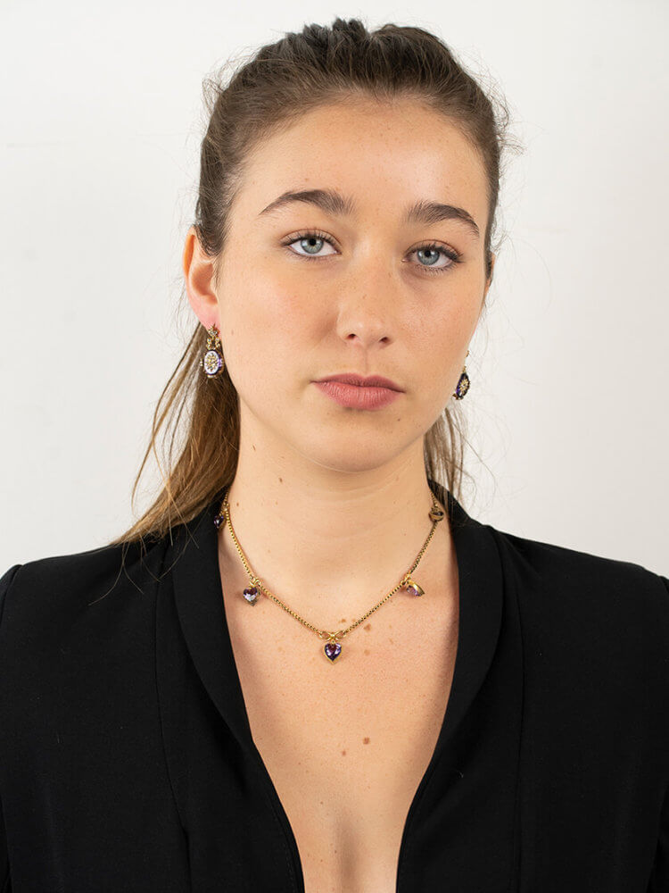 Edwardian 9ct Gold & Amethyst Hearts Necklace