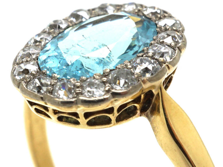 Edwardian 18ct Gold, Aquamarine & Diamond Cluster Ring