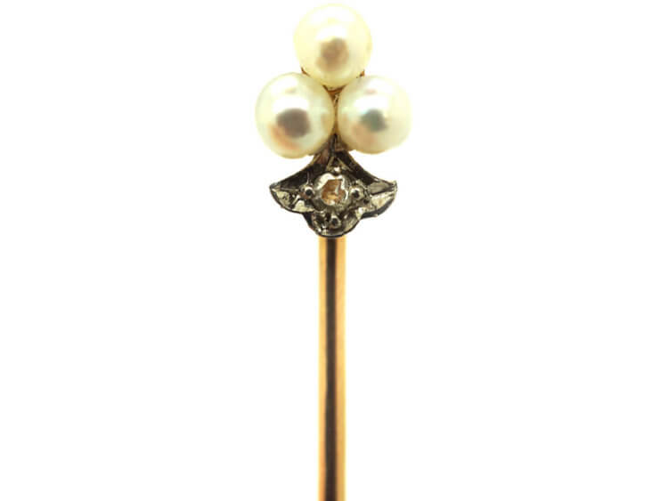 French 18ct Gold, Natural Pearl & Rose Diamond Tie Pin
