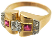 Art Deco 18ct Gold, Ruby & Diamond Geometric Ring