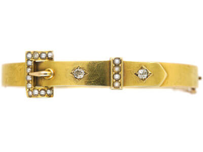 Edwardian 15ct Gold Buckle Bangle set with Diamonds & Natural Split Pearls