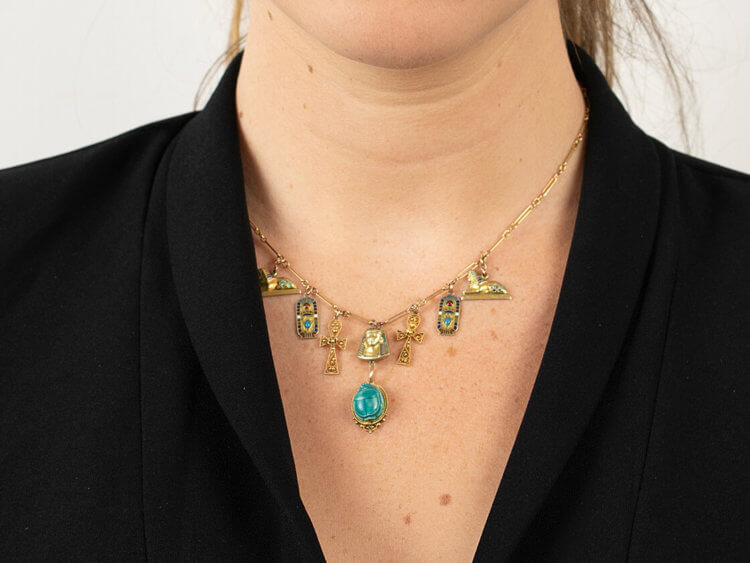 Art Deco 9ct Gold & Enamel Egyptian Revival Necklace
