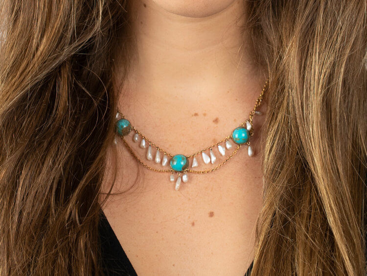 Gold,Turquoise ​& Mississippi Pearl Necklace by Murrle Bennett