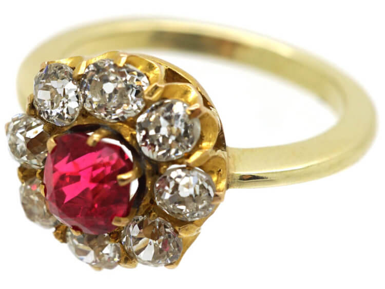 Victorian 18ct Gold, Diamond and Pink Spinel Cluster Ring