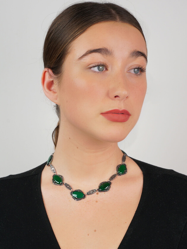 Silver, Chalcedony & Marcasite Art Deco Necklace
