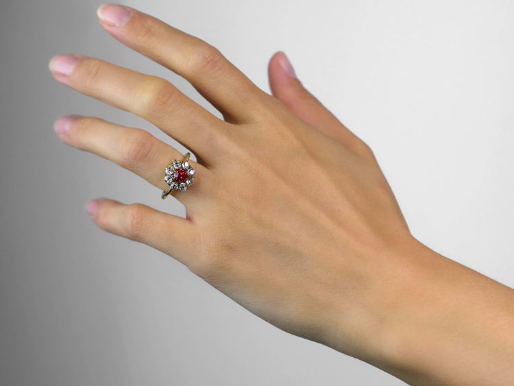Victorian 18ct Gold, Diamond and Pink Spinel Cluster Ring