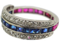 Art Deco 18ct White Gold Ruby, Diamond & Sapphire Flipover Ring