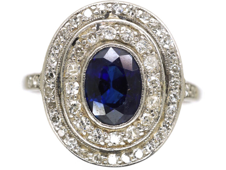 Edwardian Platinum, Sapphire & Diamond Oval Double Cluster Ring