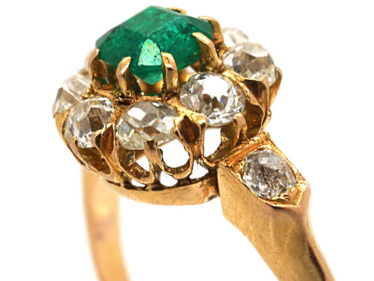 Edwardian 18ct Gold, Emerald & Diamond Cluster Ring