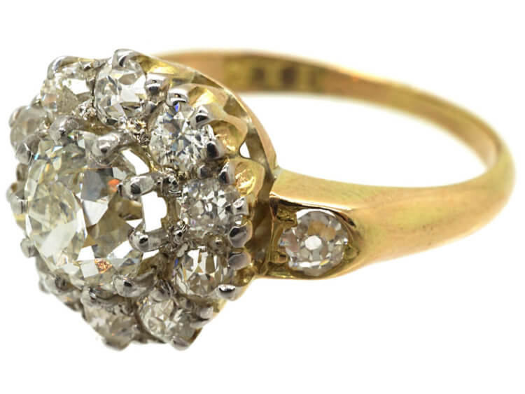Edwardian 18ct Gold Diamond Cluster Ring with Diamond Set Shoulders