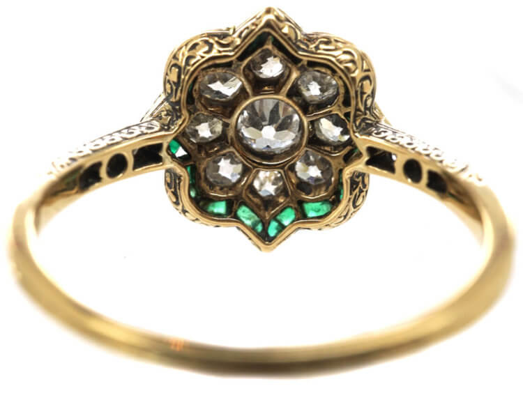 Art Deco 18ct Gold & Platinum, Emerald & Diamond Cluster Ring