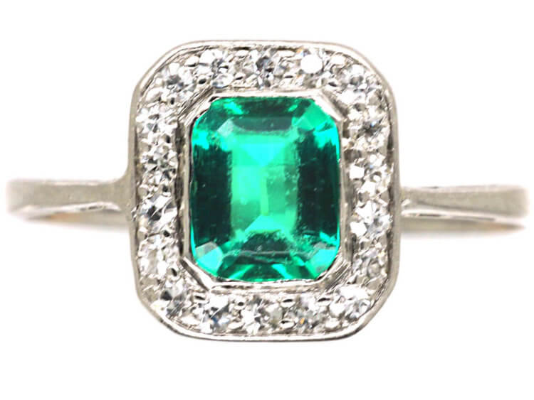 Art Deco Platinum, Emerald & Diamond Rectangular Ring