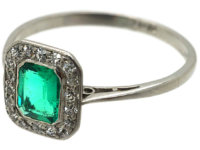 Art Deco Platinum, Emerald & Diamond Rectangular Ring