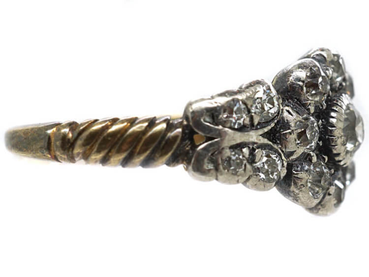 Victorian Diamond Cluster Ring with Diamond Set Leaf Shoulders