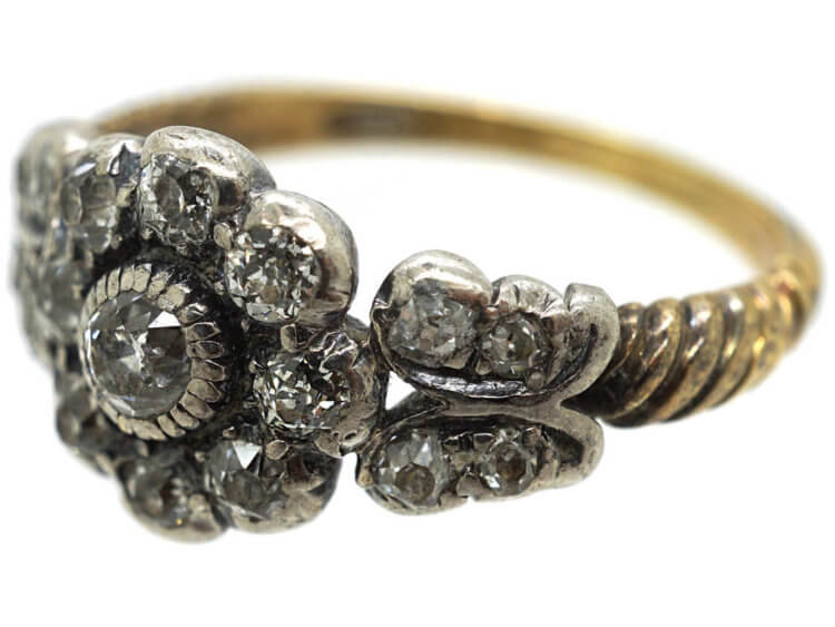 Victorian Diamond Cluster Ring with Diamond Set Leaf Shoulders